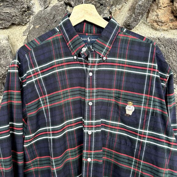 Ralph Lauren Navy Blake Plaid Button Down RL Bear Mens Large - Picture 3 of 11
